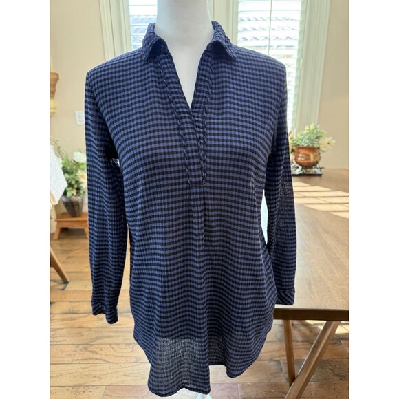 J. Jill Blue Black Check Gauzy Pullover Top Long Sleeve Women’s XS Casual Preppy - Picture 2 of 11